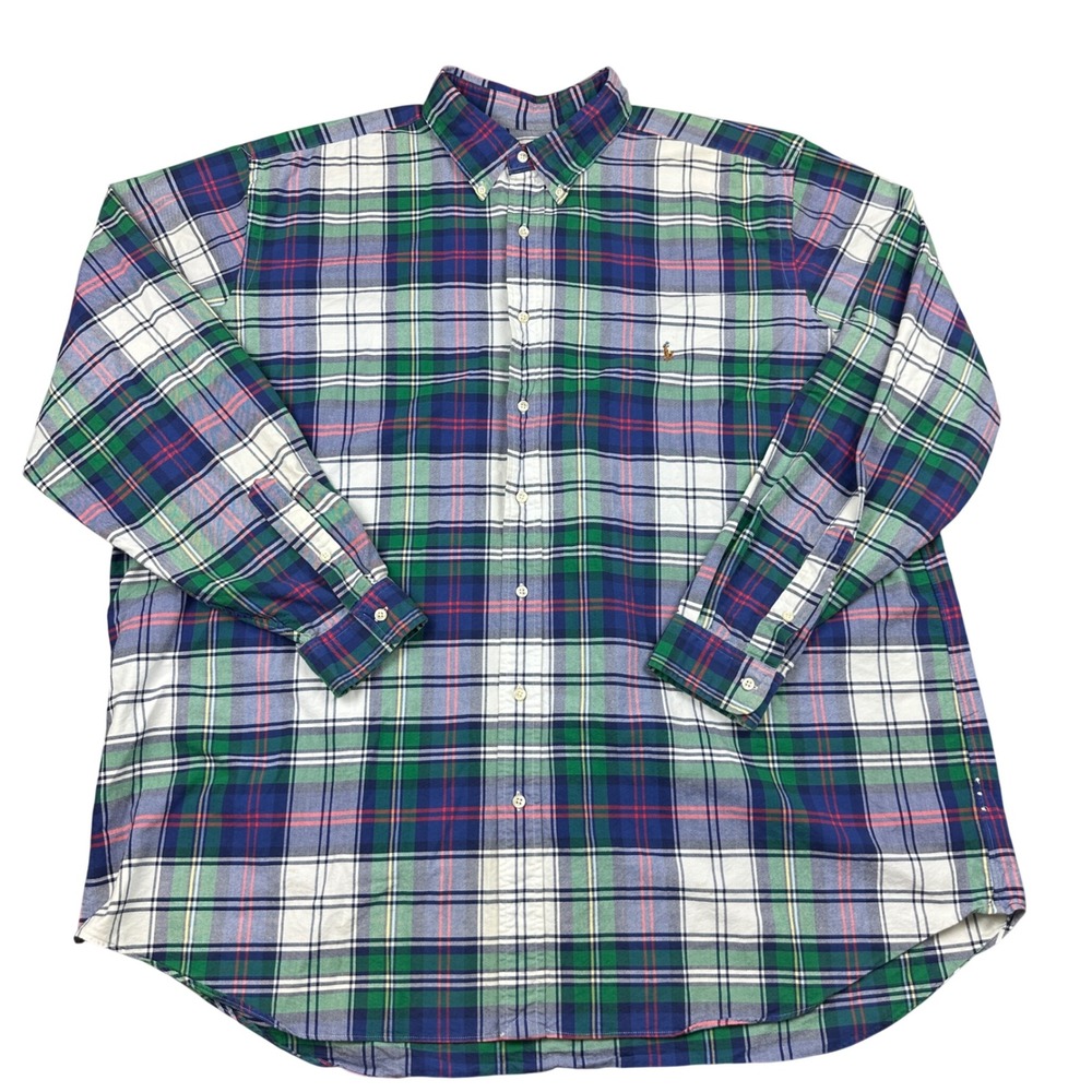 Ralph Lauren Mens 3XLT Plaid Button Down Shirt Green Flesh Pony Long Sleeve Tall